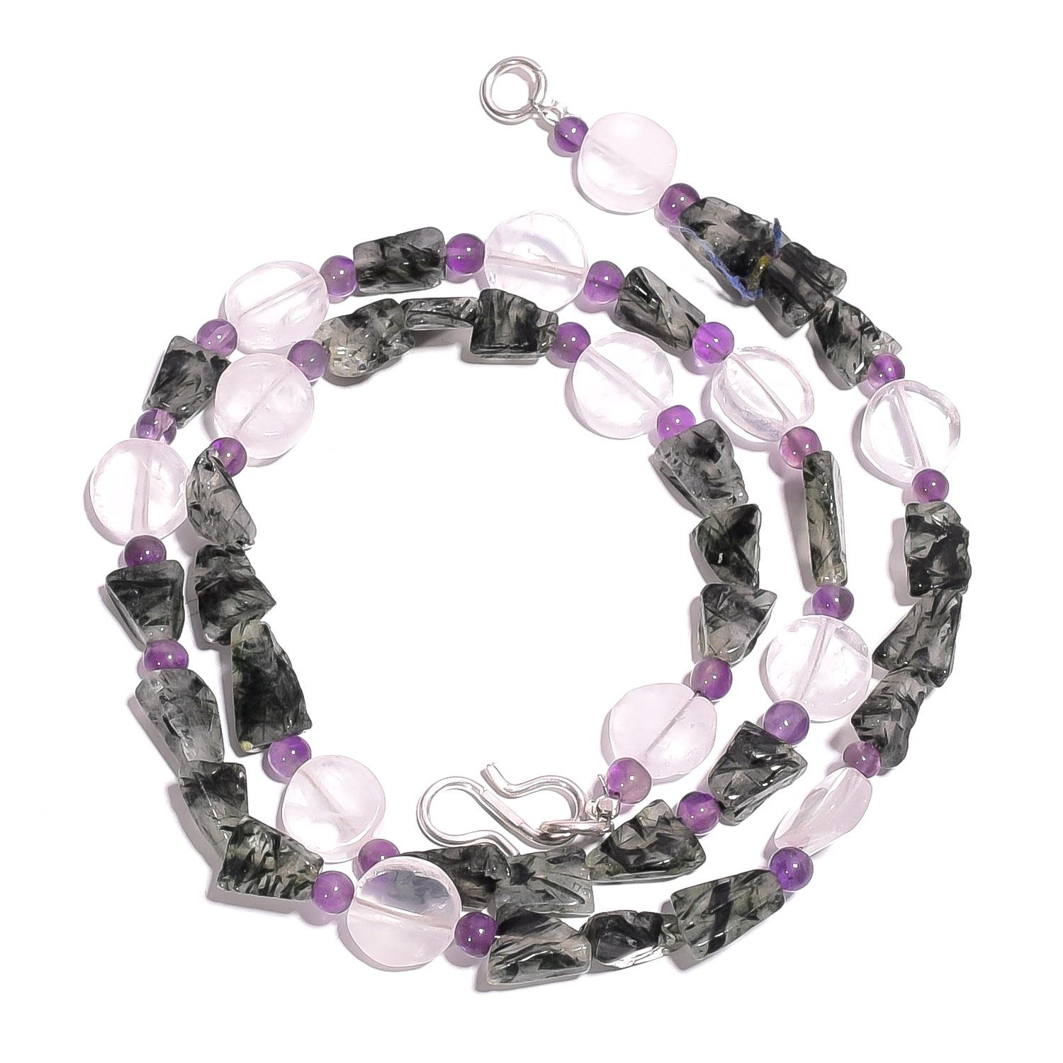 

Natural Black Rutile Amethyst Rose Quartz Gemstone Beads Necklace 17 UB-4018 UB-4018