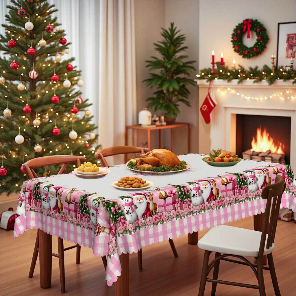 Pink Girl Christmas Table Cloth, Snowman Reindeer Gift Plaid Tablecloth, Pink Rose Lace Table Cloth