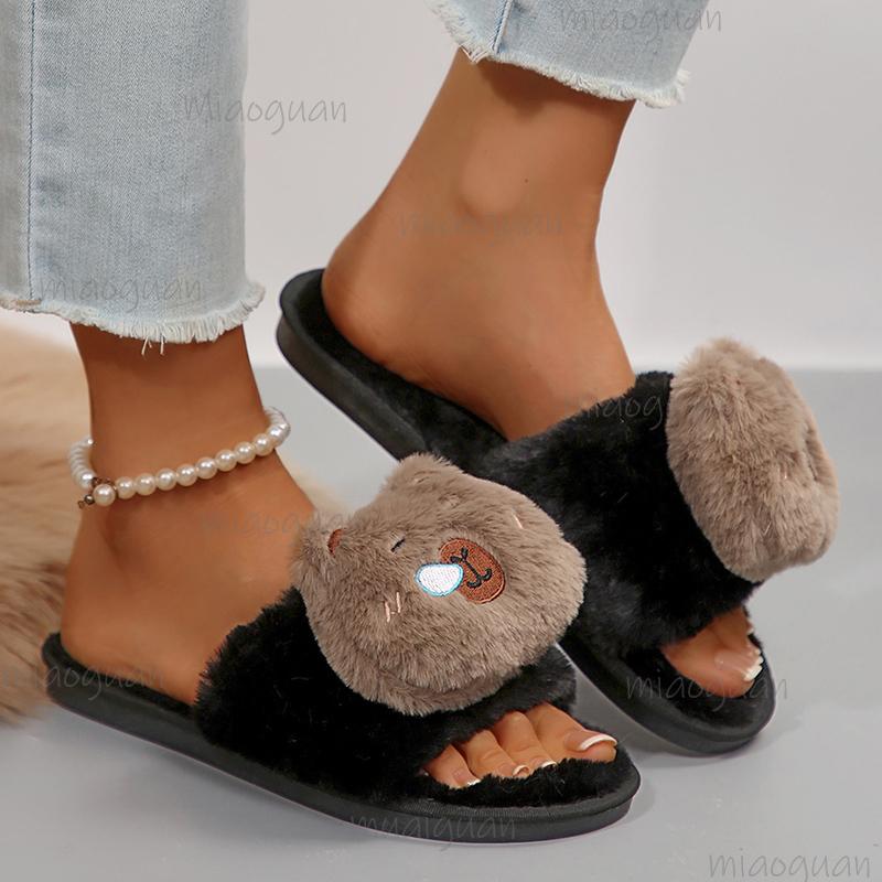 Winter Cute Cartoon Animal Plush Slippers for Women Comfortable Soft Sole Indoor House Shoes Woman Non Slip Fluffy Fur Slides