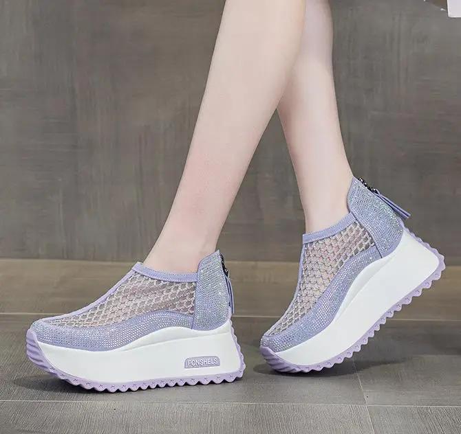 Fashion 8CM Microfiber Leather Ankle Boots Sandals Women Shoes Hollow ZIP Chunky Sneaker Platform Wedge Fashion Summer Bling Sandals