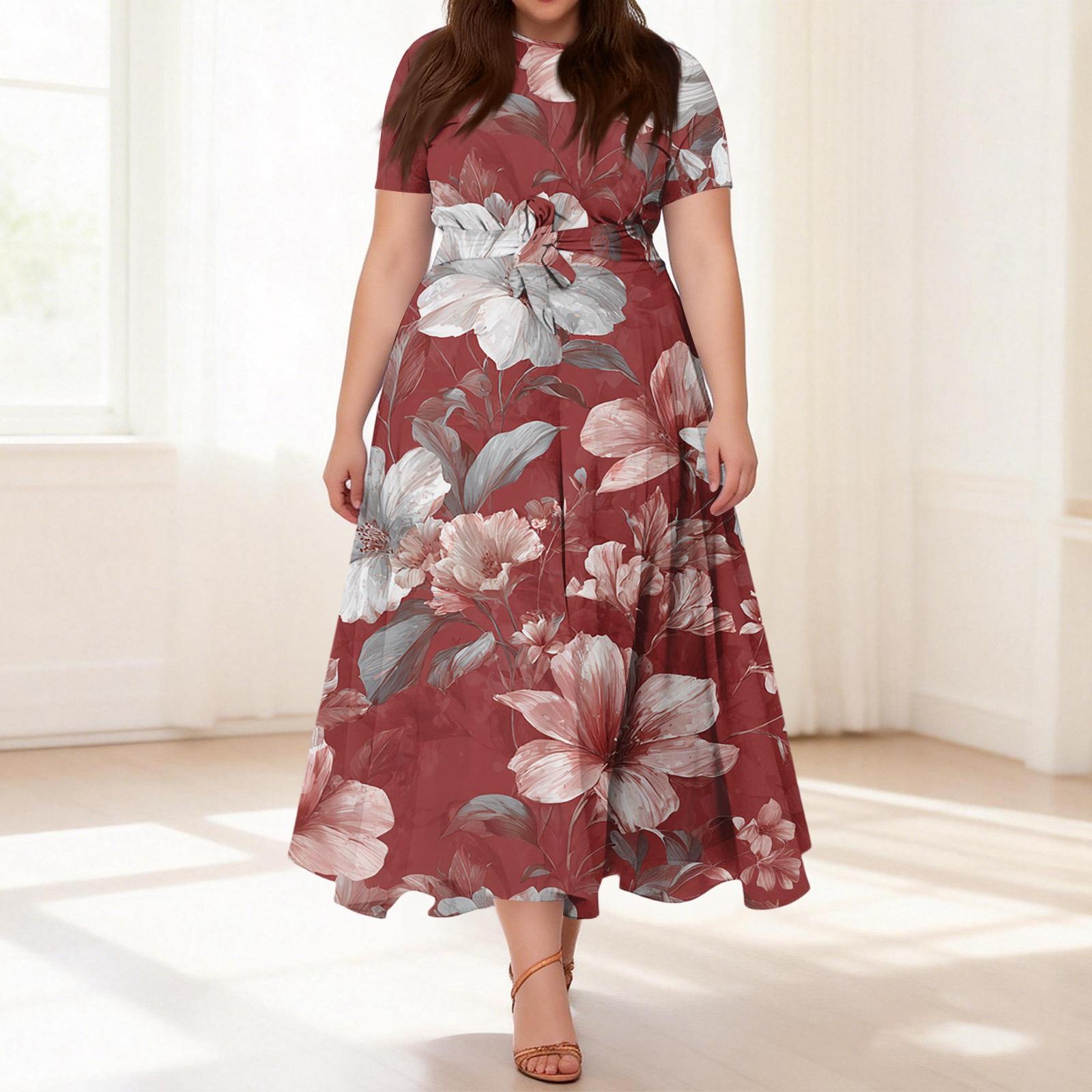 

Women s Casual Fashion Plus Size Retro Floral Print Round Neck Short Sleeve Pocket Tie-Waist Dress XL червоний