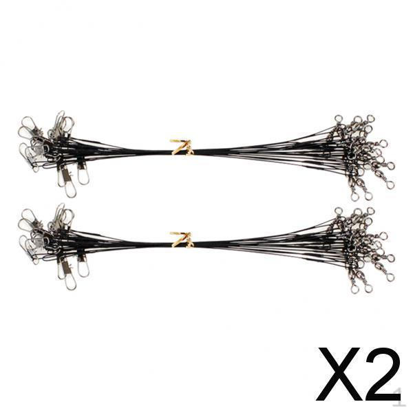 2x20pcs Fishing Wire Leaders with Safety Snaps and Barrel Swivels Black 20cm