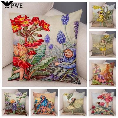 Krásná Barva Kreslená Květinová Dívka Měkká Sada Polštářů Pohádkový Svět Elf Dekorace Obývací Pokoj Ložnice Pohovka Domov 45*45cm