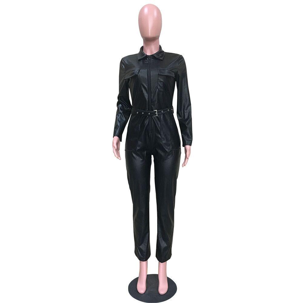 Mono de Mujer Y5072 de Cuero PU con Solapa y Bolsillos - Nuevo Estilo Europeo y Americano de Moda