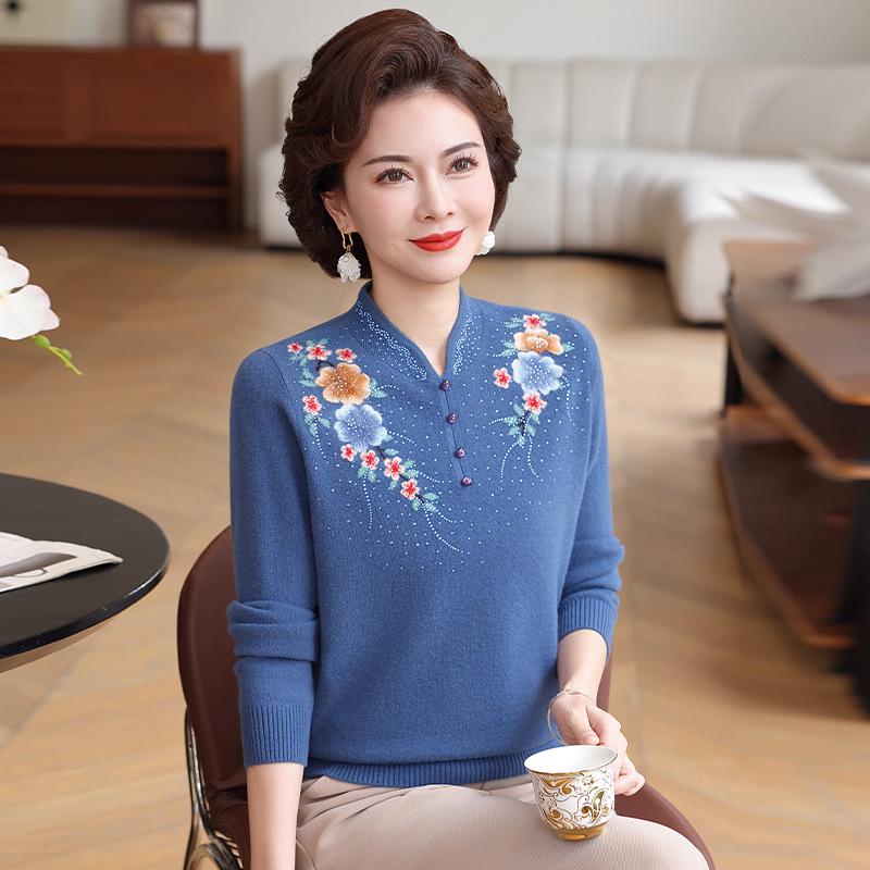 

Luxurious Wool Sweater with Embroidery for Middle-aged & Elderly Women - Autumn/Winter Collection 110 синій