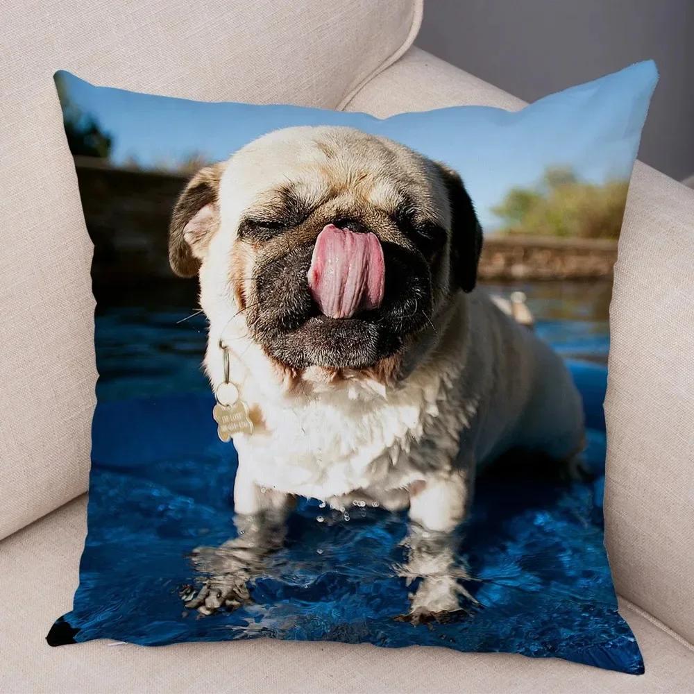 VIKAMA Nordic-Style Adorable Dog Cushion Cover Pug Print Cushion Cover Bedroom Living Room Sofa Decorative Cushion Cover