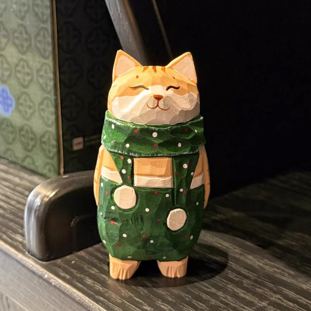 Christmas Decorations Wooden Kitten Couple Sculpture Home Decoration Handmade Wood Carving Kitten Ornaments Small Animal зелёный