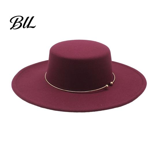 Classic Wide Brim Hat Retro Flat Top Hat, Wool Felt Pork Pie Bowler with Vintage Style Fedora Metal Ring, Trilby for Women Men Autumn Winter