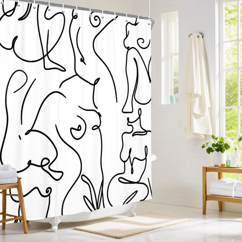 Nude Adults Shower Curtain, Black and White Abstract Line Minimalist Nordic Style Modern Shower Curtain Sets, Boho Retro Simple