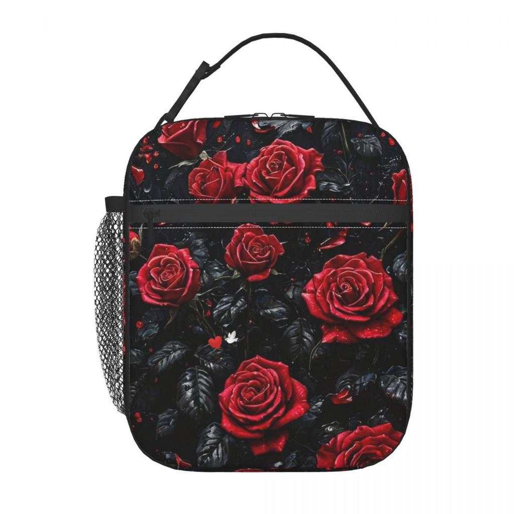 Red Rose Floral Design Insulated Lunch Bag for Women Kids Portable Food Boxes Thermal Lunch Box Tote