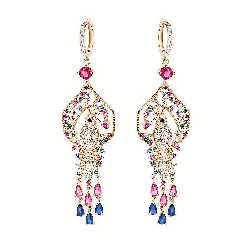 1pc Vivid Lucky Bird Golden Multicolor Synthetic Synthetic Zirconia Pendant Long Tassel Party Drop Earrings for Women Dancing Jewelry