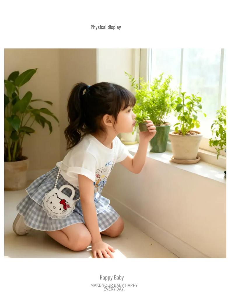 2025 Korean Summer Cute Cat Print Short Sleeve Plaid Skirt Set