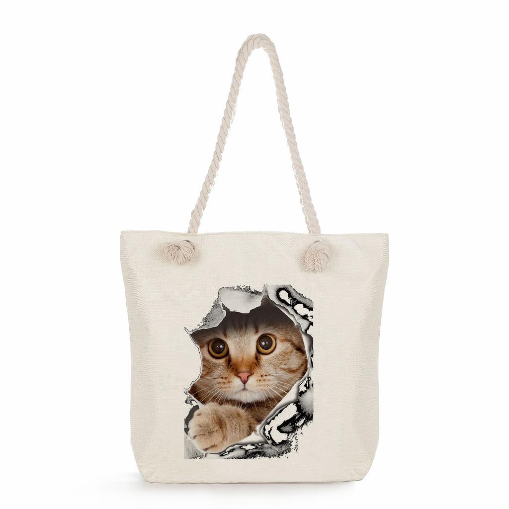 Cat print thick rope single-shoulder beach bag 7268 CLE
