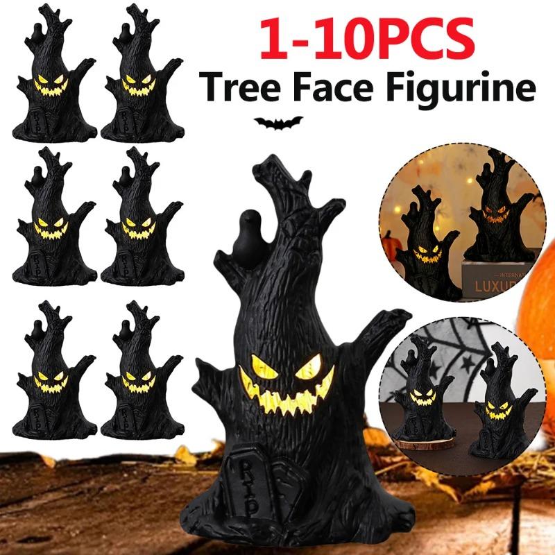 1-10PCS Halloween LED Ghost Face Tree Statue with BatterySpooky Tree Demon Statue Tabletop Bark Face Figurine for Indoor Outdoor