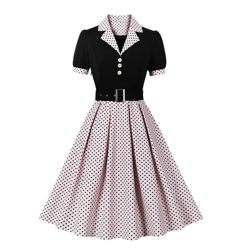 Vintage Polka Dot A Line Dress With High Waist For Office Wear Summer