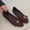 Versión de piel de oveja~ Versión coreana, hebilla de cinturón de gamuza, tacón de cuña, tacón bajo, punta redonda, zapatos de boca poco profunda de un solo color, zapatos de primavera para mujer para ir al trabajo