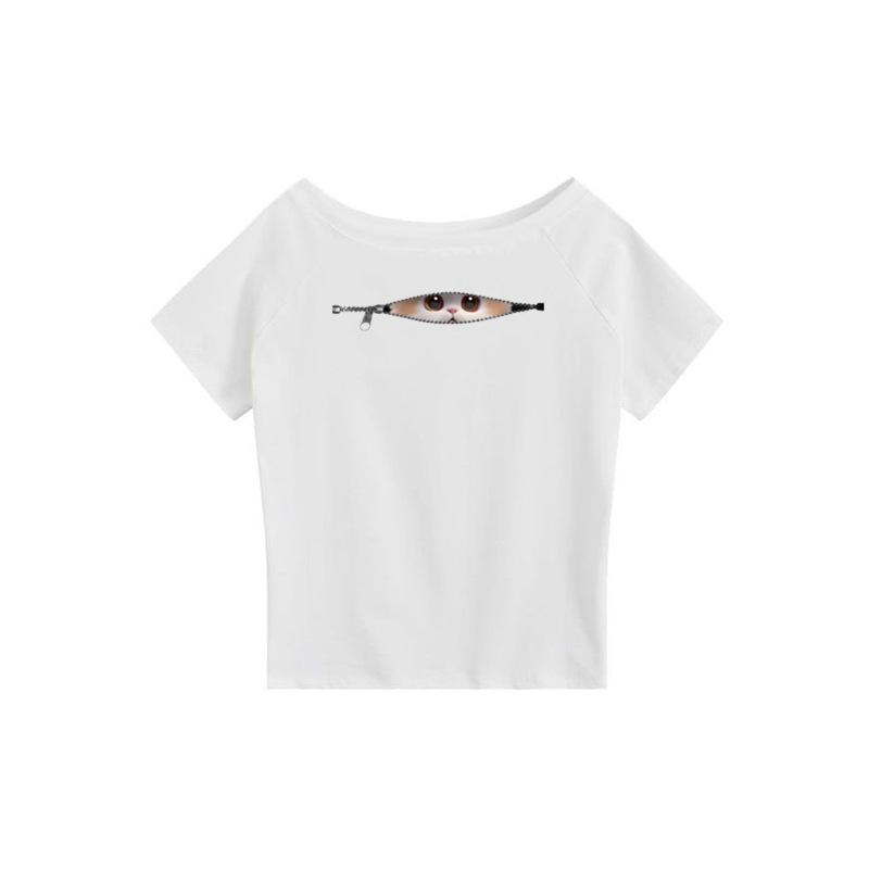 White slanted shoulder off-shoulder short-sleeved T-shirt women s summer new niche zipper cat design casual loose top S белый