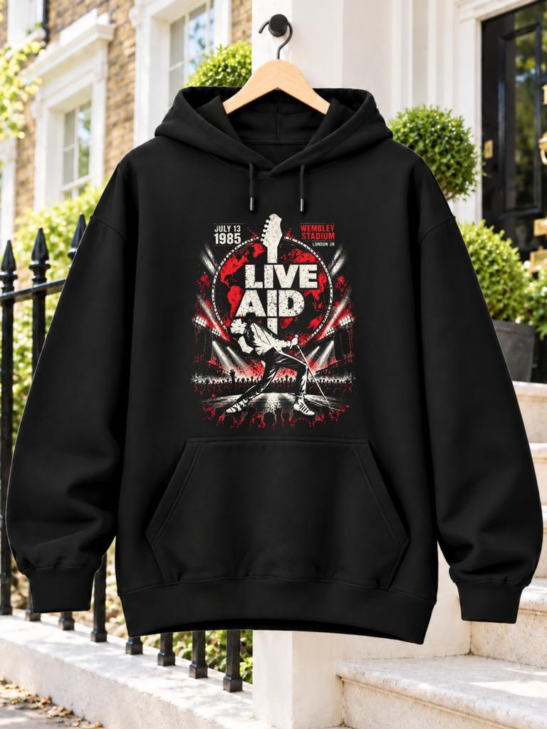 Live Aid July 13 1985 Wembley Stadium London UK Concert Tribute Red Globe Guitar Stage Lights And Vocalist Graphic on Black Unisex Hoodie