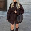 Women Belted Wrap Wool Blend Coat, Lapel Collar Mid-Length Oversized Casual Solid Outerwear Elegant Autumn Winter Coat