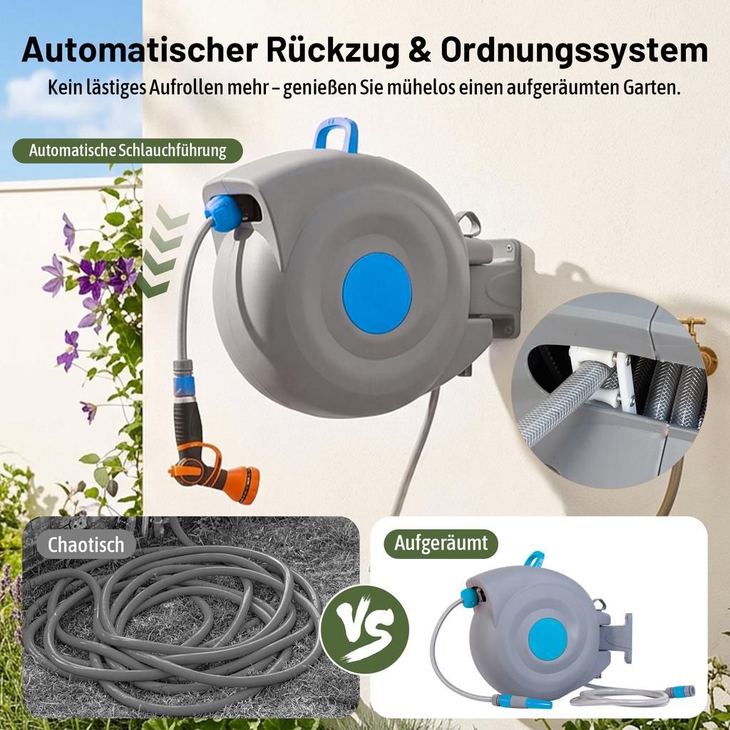 30m Automatic Garden Hose Reel Wall-Mounted, 9-Way Spray Gun, UV-Resistant, Frost-Resistant, 180° Swiveling – incl. Wall Bracket & Mounting Material