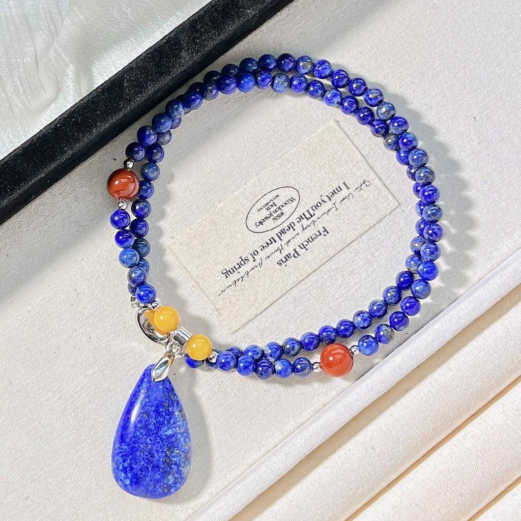 Autumn And Winter Natural Old Beeswax Lapis Lazuli Nanhong Design Necklace Collarbone Chain