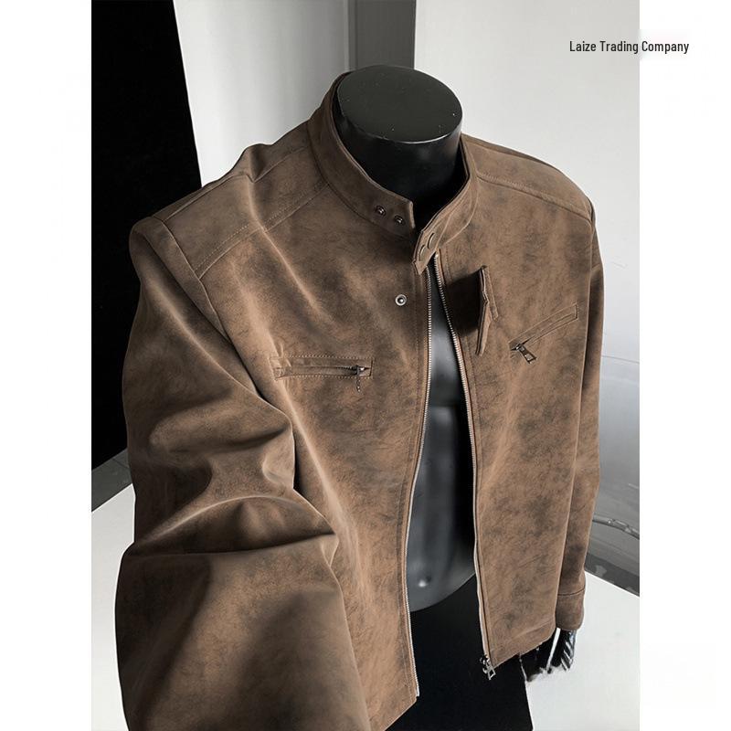 Men's Matte Leather Stand Collar Jacket - Autumn Motorcycle & Baseball Style