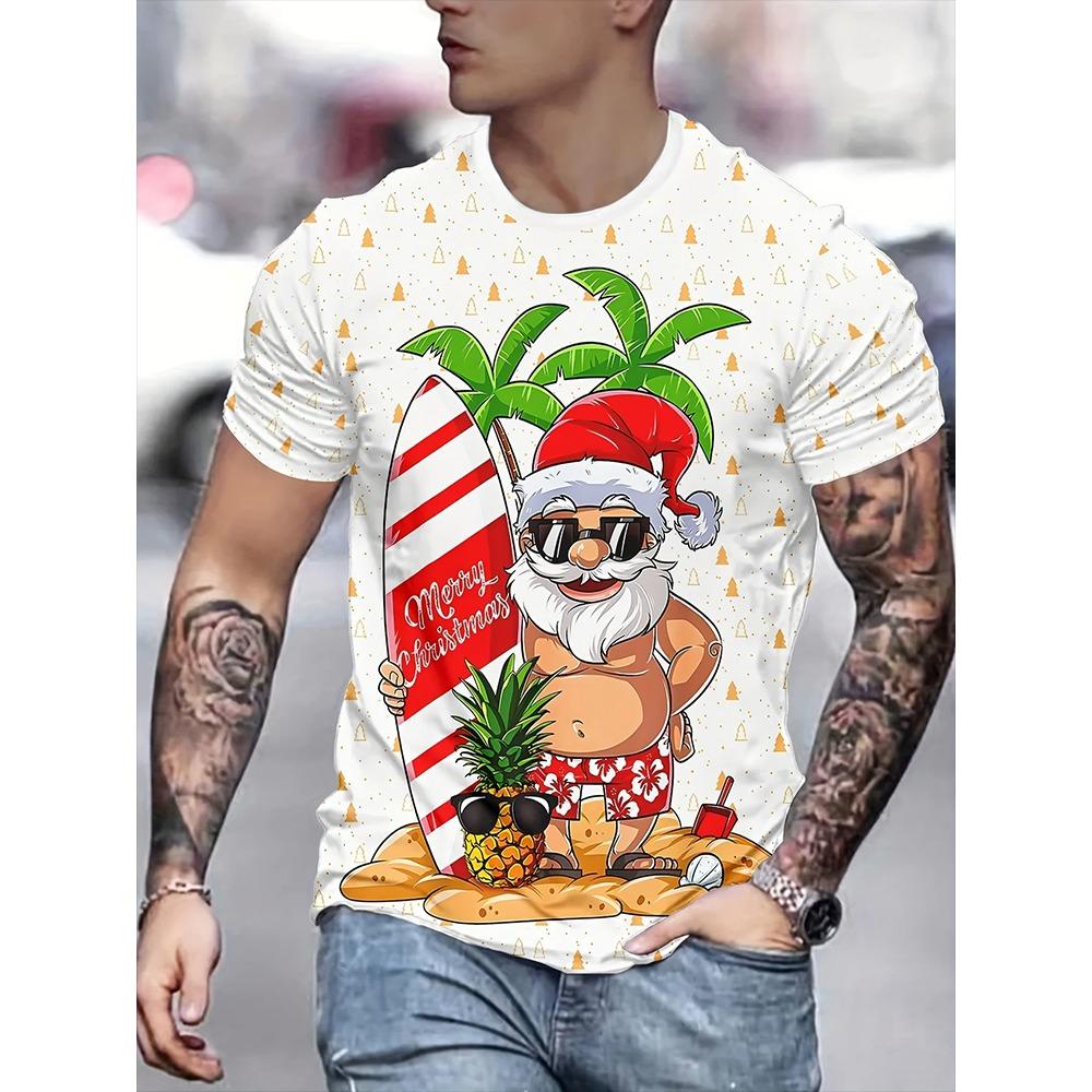 New 3D Elk And Beer Print Street Fashion Men's Christmas Holiday Party Casual Short-sleeved