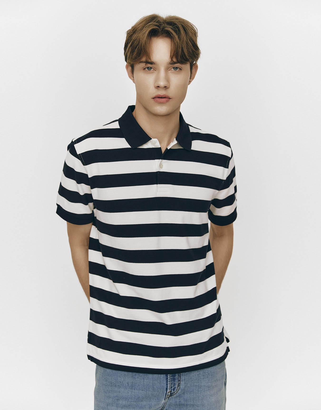 Pique Polo Striped Short Sleeve Collared Shirt 015511 [2 Colors] 01 Green + White Str/M