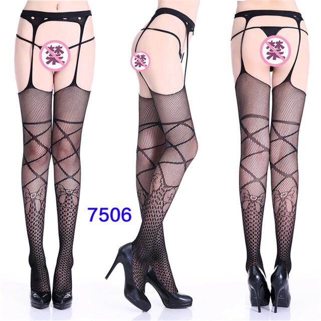 Sexy Lingerie Women's Fishnet Stockings With Garter Belt Summer Thin Lace Patterned Mesh Tights Female Black Suspender Pantyhose