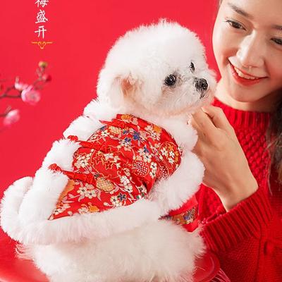 Honderd Bloemen Gouden Zijde Hondenkleding Feestelijk Chinees Nieuwjaar Verdikt en Warm Twee-benige Tangkleding Bichon Puppy Nieuwjaars Huisdierenkleding