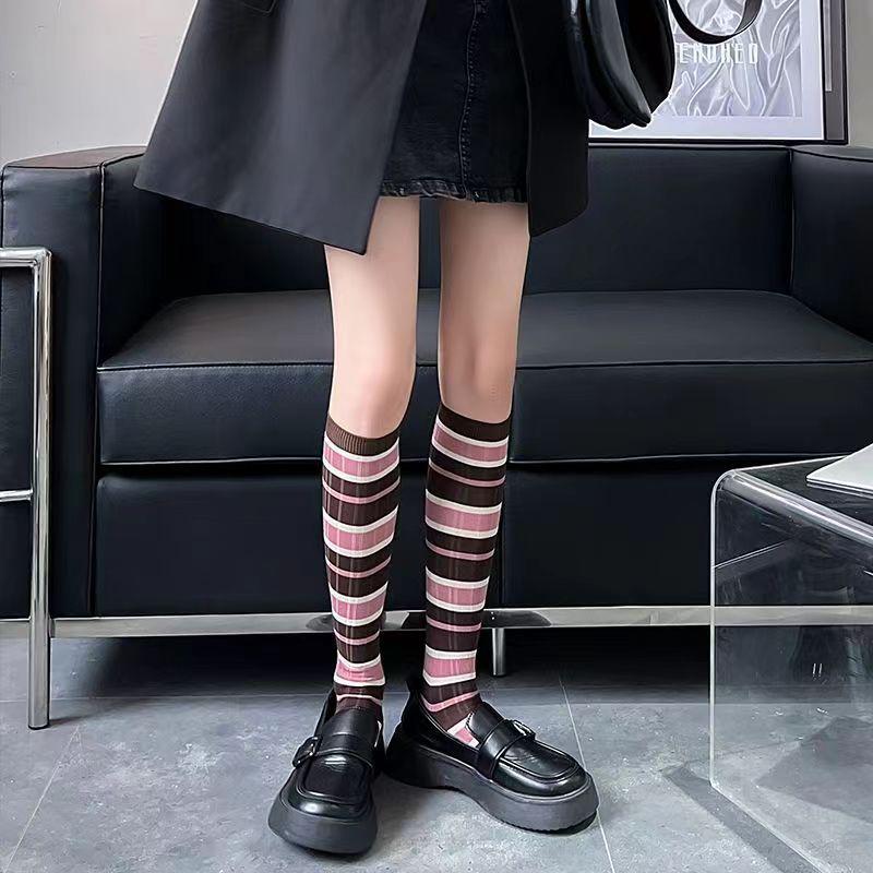 Damen Süße Strümpfe Kniehoch Bunt Gestreift Lange Socken Dünn Sommer Für Dame Mädchen Studenten Socken Schulparty Bequem