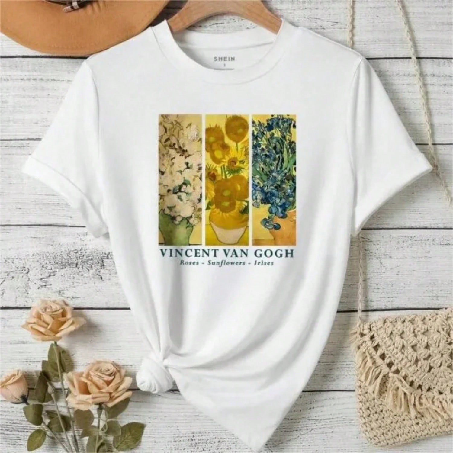 Floral&Slogan Printed Round Neck T-Shirt Fashionable Wounisex s T-Shirt Retro Casual Street Wounisex s T-Shirt Short Sleeved S разноцветный