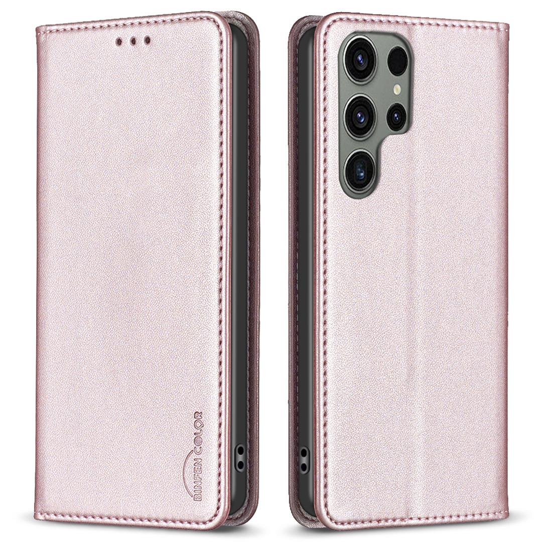 

BINFEN COLOR BF18 For Samsung Galaxy S23 Ultra Magnetic Flip Leather Case Card Holder Stand Phone Cover Rose Gold