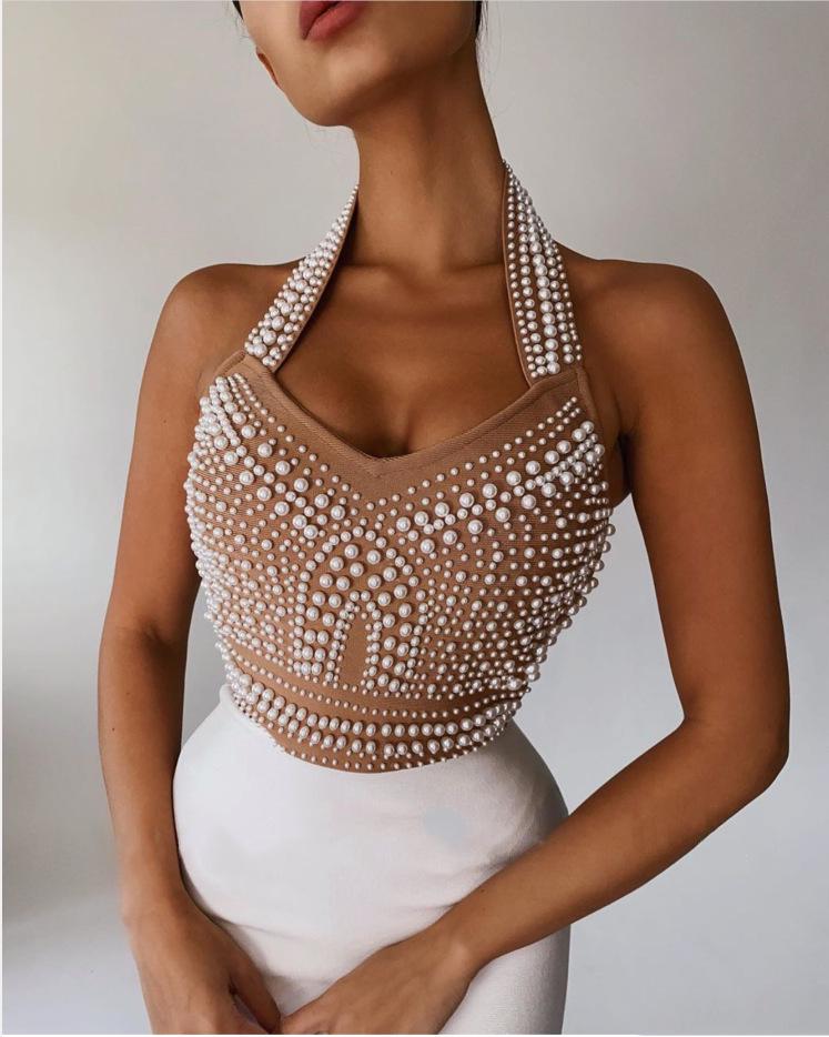 2022 Halter V-Neck Beaded Bandage Midi Dress - Slimming Evening Style