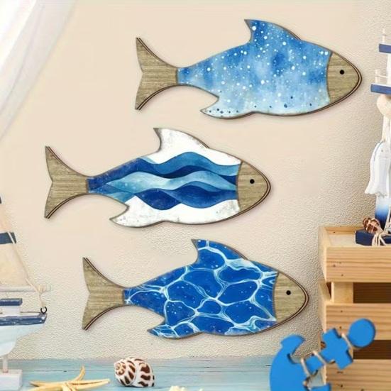 3 Pcs Vintage Beach Wall Decor Nautical Wooden Fish Wall Art Coastal Theme