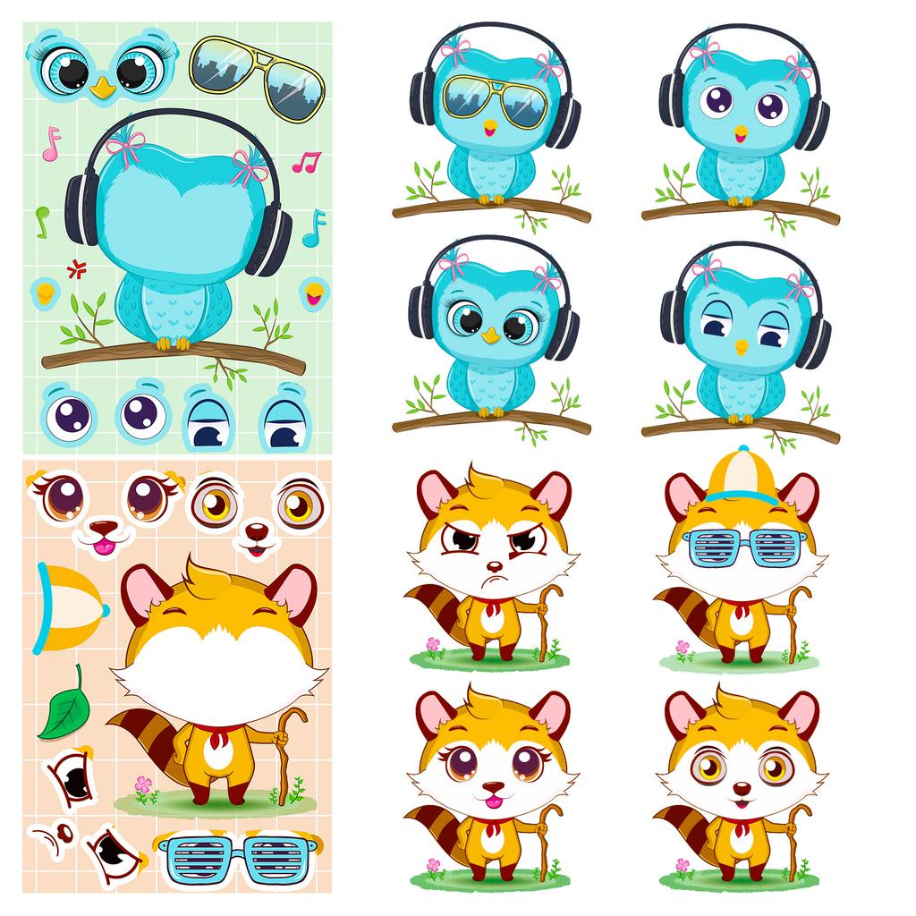 6 Photos/pack of Cute Cartoon Animal Face Swap DIY Puzzle Stickers for Children's Early Education Thinking Training Stickers