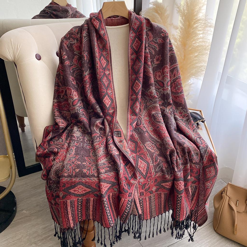 Luxury Women's Cashmere Winter Scarf - Embroidered Printed Shawl with Tassels Chunky Headscarf & Pareo Cape
