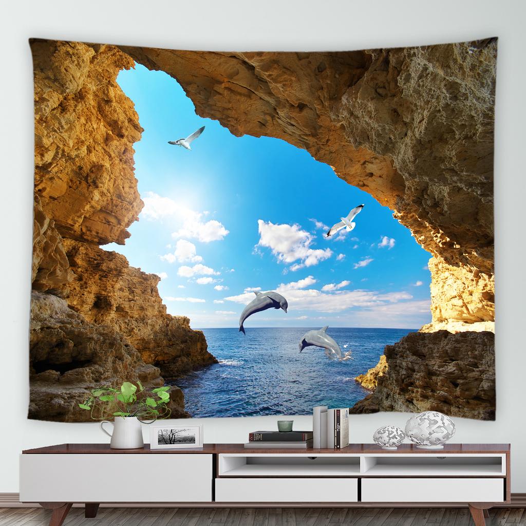Natural Cave Ocean Landscape Printing Pattern Tapestry Home Living Room Dormitory Wall Decor Background Cloth Tapestry