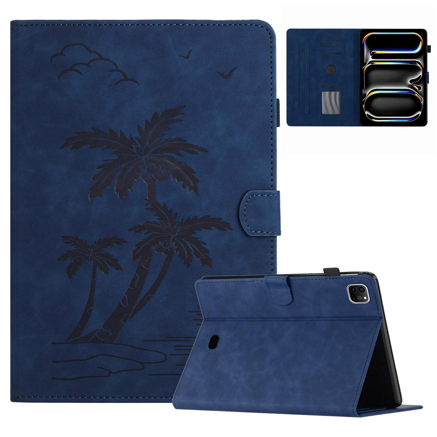 

For iPad Pro 11 (2024) Case with Card Slots PU Leather Coconut Tree Smart Tablet Cover Blue
