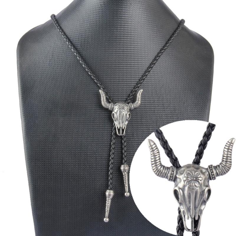 Vintage Bull Head Buckle Choker Necklace Black Leather Cord Necklace Fashion Jewelry Necktie Tie Pendant Necklace