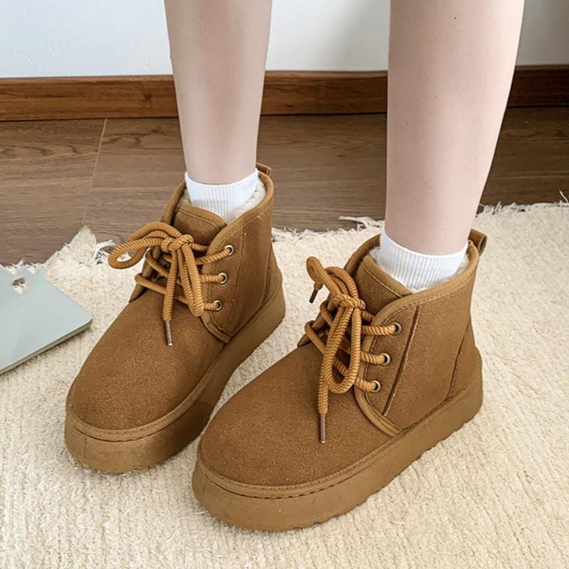 Winter Suede Lace Up Midsole Anti Slip Snow Boots Fashionable Round Toe Thick Sole with Plush Comfortable Casual Women's Boots