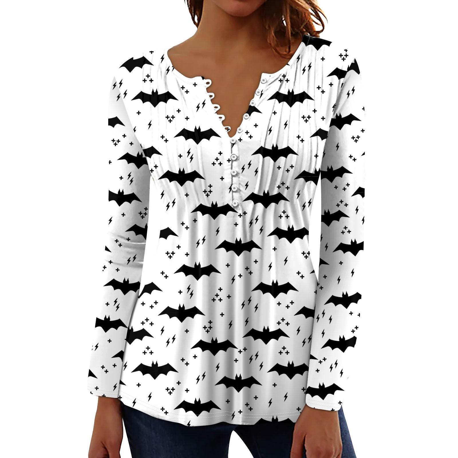 

Женский топ с длинными рукавами и плиссированным воротником на пуговицах с принтом Хэллоуина, весна-осень XXL белый