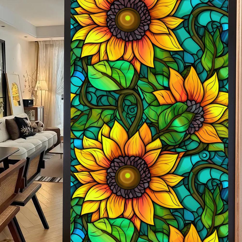 Colorful Retro Floral & Bird Static Cling Window Film - No Glue, Removable