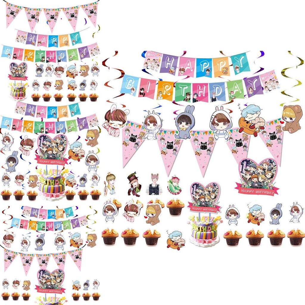 Fournitures de fête d'anniversaire festives sur le thème de BTS avec un cake topper coloré et des cupcake toppers joyeux