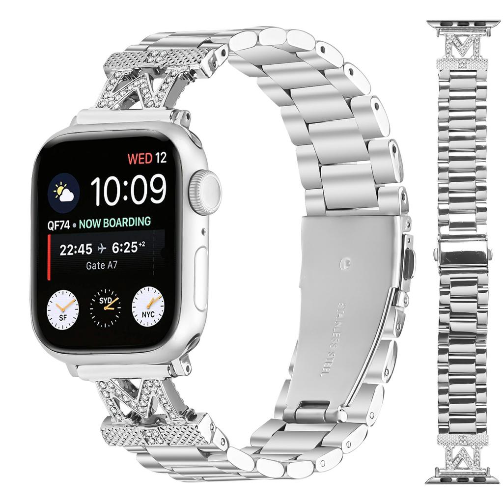 Watch Strap For Apple Watch Series 10 Ultra 9 8 7 SE 6 5 4 3 2 1 46mm 49mm 45mm 44mm 42mm Silver Stainless Steel 3-Bead Band