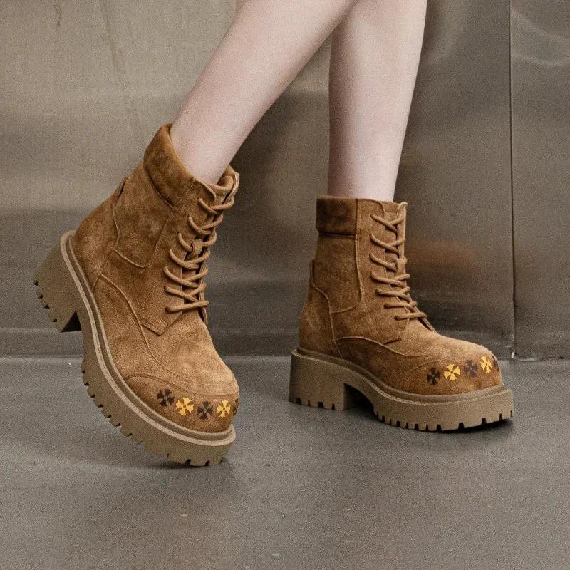 Fashion 2025 Fashion Lace Up Women's Boots Shining Water Diamond Round Head Leopard Pattern Short Boots Thick Heel Luxury Warm Shoes