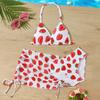 Girls Three Piece Swimsuit Set Strawberry Print Bikini with Top Skirt and Briefs for Swimming Beach Pool Wear