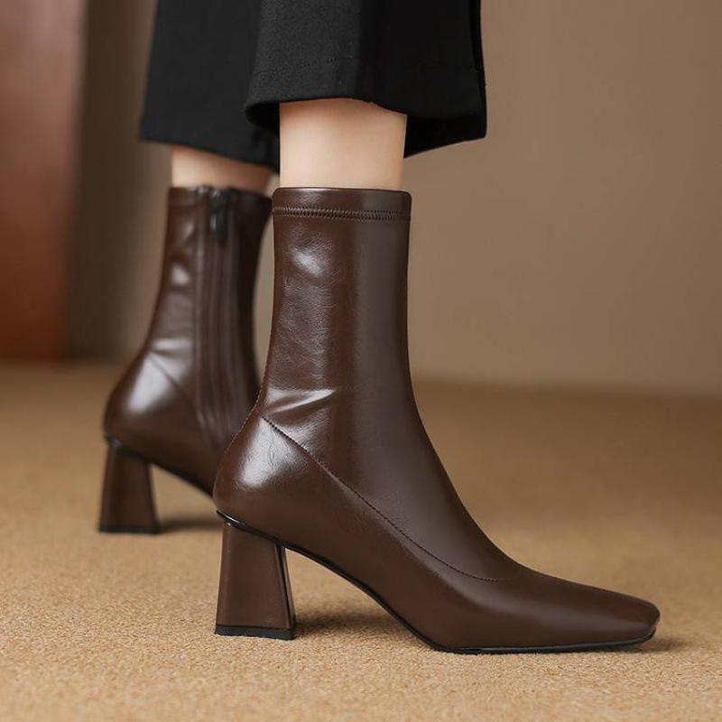 New Women's Versatile Solid Color High Heel Women's Boots Coarse Heel Comfortable Zipper Square Head Knight Boots Autumn and Winter Medium Boots Wome