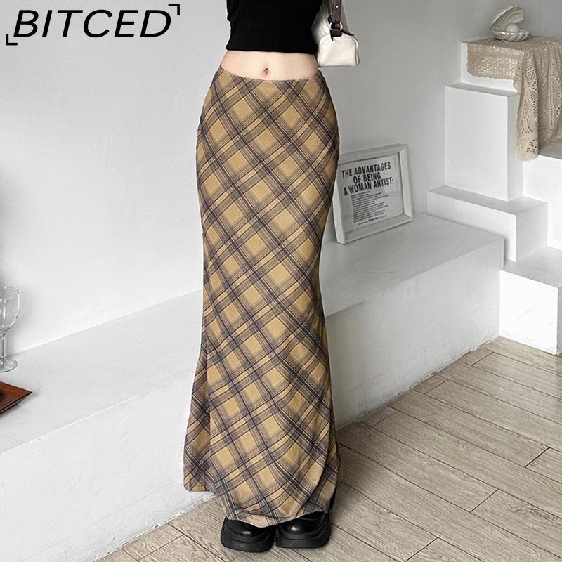 BITCED Summer Women's Solid-Color Slim-Fit Pencil Skirt Street Style High-Waisted Plaid Skirt