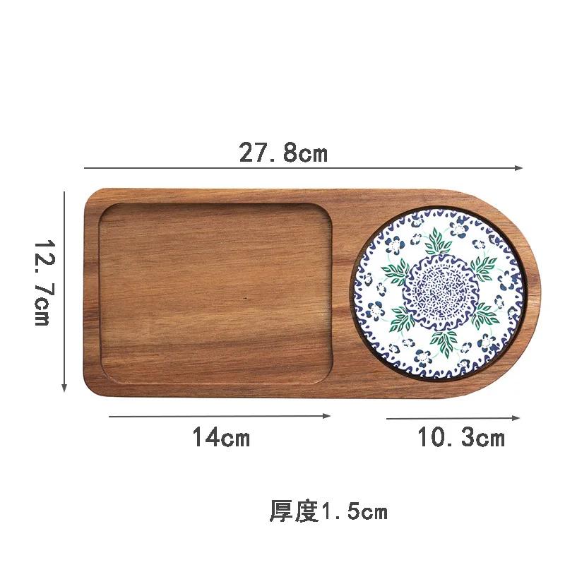 Japanese Wooden Tray with Ceramic Coaster for Cups Plates Retro Bread Dessert Breakfast Display